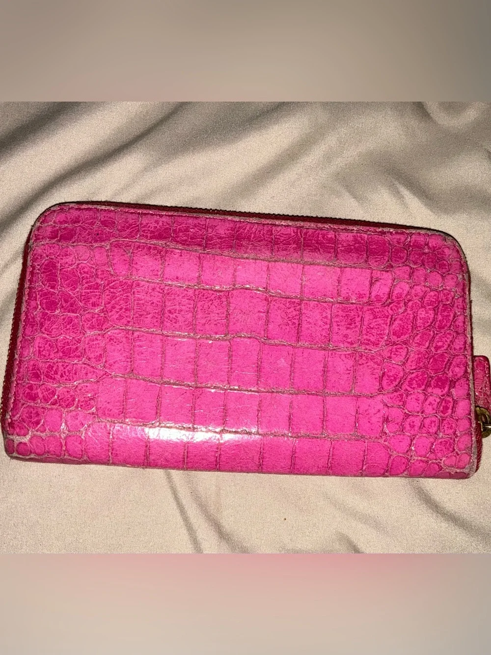Miu Miu Croc-Embossed Zip Leather Continental Wallet in Fuchsia Pink